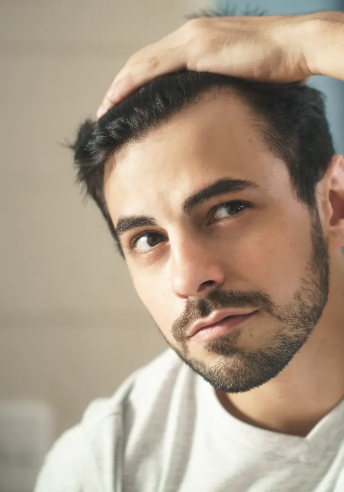 Man-holding-his-hair-and looks-at-the-mirror